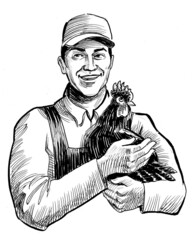 Happy farmer holding a hen. Ink black and white drawing
