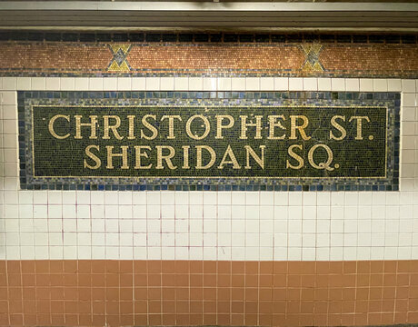 New York, NY - USA - May 20, 2022  The colorful ceramic tile mosaic sign of the Christopher Street–Sheridan Square station, a local station on the IRT Broadway–Seventh Ave Line of the NYC Subway.