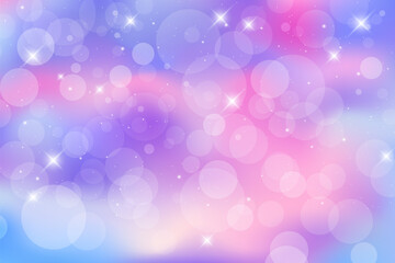 Rainbow fantasy background. Bright multicolored sky with stars and bokeh. Holographic illustration in pastel violet and pink colors. Cute cartoon girly wallpaper. Vector.