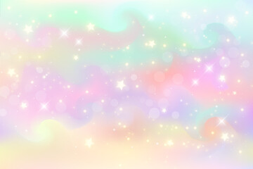 Rainbow fantasy background. Holographic illustration in pastel colors. Bright multicolored sky with stars. Vector. © Chorna_L