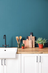 Wooden cutting boards, spatulas, sink and houseplants on counters near green wall