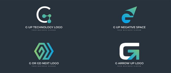 Four alternative logos initials G with top and next symbols