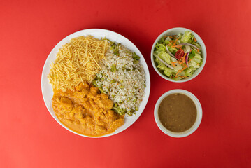 Meal - Chicken Stroganoff, rice, beans, potato straw and salad