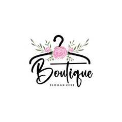 The concept of a coat hanger logo with roses for the clothing collection boutique logo template - obrazy, fototapety, plakaty