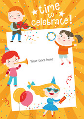 Children having fun at birthday party. Template for making birthday cards, posters, invitation cards, photo frames and backgrounds.