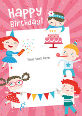 Children having fun at birthday party. Template for making birthday cards, posters, invitation cards, photo frames and backgrounds.