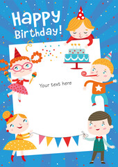 Children having fun at birthday party. Template for making birthday cards, posters, invitation cards, photo frames and backgrounds.