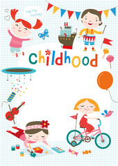 Kids are playing games. Happy childhood. Template for making, posters, photo frames, backgrounds and the like.