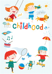 Kids are playing games. Happy childhood. Template for making, posters, photo frames, backgrounds and the like.