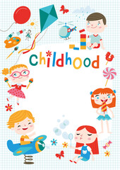 Children having fun at birthday party. Template for making birthday cards, posters, invitation cards, photo frames and backgrounds.