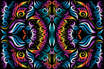 Beautiful glow rainbow colour caleidoscope gradient flower line art pattern wallpaper of indonesian traditional abstract batik  ethnic dayak ornament for commercial  ads