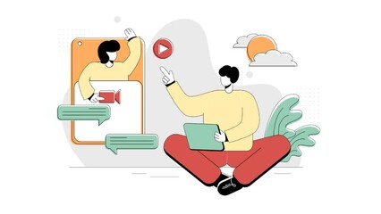 Animation Webinar Online Education flat illustration, the concept of a man having a meeting with a woman via a tablet, Retro style sha line minimal green red yellow - Powered by Adobe