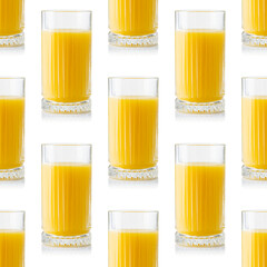 Seamless pattern of orange juice glass. Fresh orange juice, mango or pineapple in a glass repeat seamless pattern on white background.