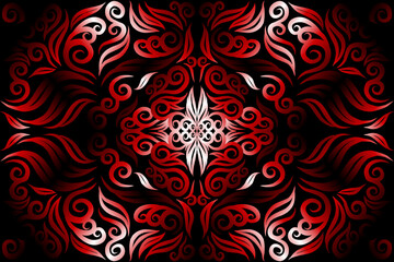 Fototapeta na wymiar luxurious red and white gradien caleidoscope flower and leaf line art pattern of indonesian culture traditional batik ethnic dayak ornament for wallpaper ads background 