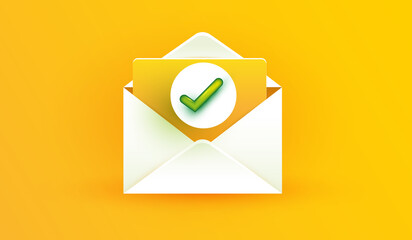 blank open envelope icon with notification check mark symbol isolated on yellow background. New subscriber for social media reminder. E-mail reminder vector illustration style - obrazy, fototapety, plakaty