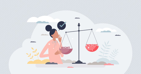 Ethical behavior and wright or wrong dilemma choice tiny person concept. Honesty and moral principle as responsible people strategy vector illustration. Decision making process with bad or good scales