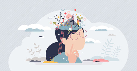 Daydreaming imagination and inspirational thinking scene tiny person concept. Relax and think about vision, wishes and life future vector illustration. Fantasy and brainstorm process visualization.
