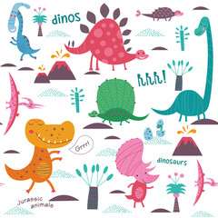 Cute dinosaurs. Vector illustration of jurassic animals. Cartoon seamless pattern on a white background. It can be used for backgrounds, surface textures, wallpapers, pattern fills. © Alena