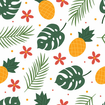 Tropical pattern with leaves, pineapples, flowers
