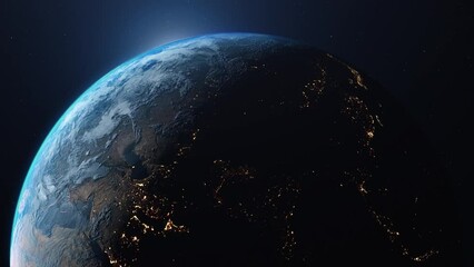 Beautiful earth planet scene.
Space Zoom spinning view, Concept of climate change, day and night, cities lights, sunrise. World planet satellite,Stars, nebula and galaxy black background in 4k. - Powered by Adobe