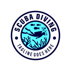 scuba diving logo template. retro scuba diving logo. sea, dive, diver, scuba, nature, water, swim, active, activity, blue, snorkel, sport, symbol, underwater, vector, wave