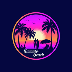 Fototapeta na wymiar logo of a person by the beach holding a surfboard and looking at the beach sunset