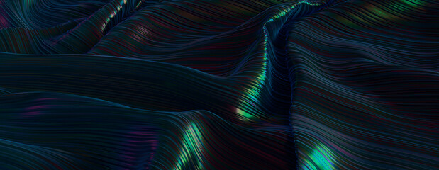 Dark Liquid with Iridescent Neon Highlights. Smooth Texture Banner.