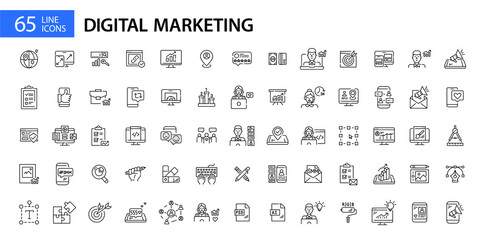 Fototapeta na wymiar Big set of 65 digital marketing, SEO, SMM and web design icons. Pixel perfect, editable stroke line art