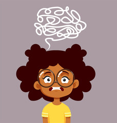 Stressed Little Girl Feeling Confused Vector Cartoon Illustration. Smart student thinking of a difficult problem trying to solve it
