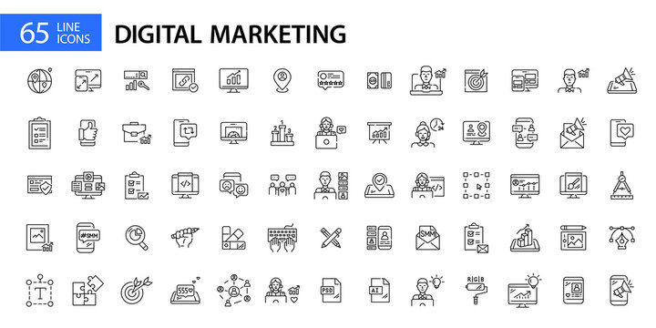 Big set of 65 digital marketing, SEO, SMM and web design icons. Pixel perfect, editable stroke line art