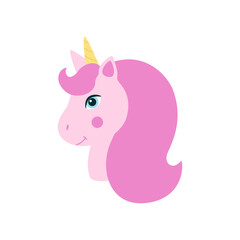 Pink unicorn head with mane and yellow horn. Cute fantasy unicorn, fairytale for baby. Vector illustration on white background