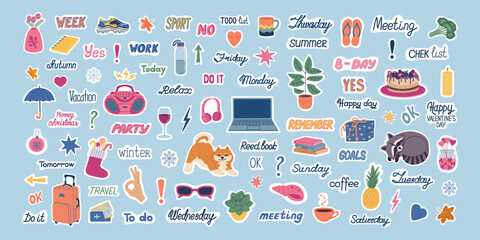 Big set of planning stickers . Cute weekly image and trendy lettering for diaries and organizers. Hand drawn colored vector illustration isolated on blue background. Flat cartoon style. - obrazy, fototapety, plakaty
