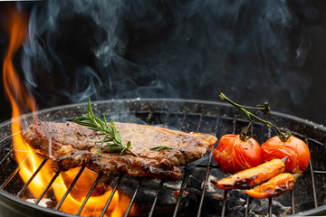 Steak on the grill with flames With Rosemary Pepper And Salt - Barbecue