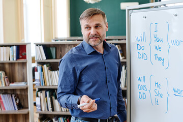 Portrait of Caucasian man working at school standing at whiteboard explaining English grammar rules...