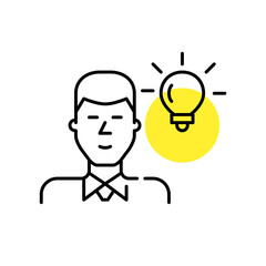 Young businessman having an idea. Man in a suit with a light bulb. Pixel perfect, editable stroke line art icon