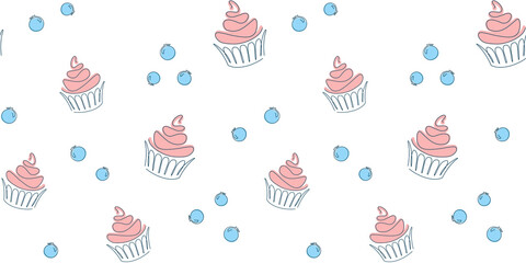 Pink muffins and blueberries on a white background. Endless texture with abstract cupcake and berry. Vector seamless pattern for wrapping paper, cover, sweet shop, pastry shop, confectionery and print