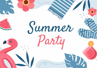 Obraz premium Summer Party Cartoon Background Illustration with Tropical Plants, Equipment on the Beach for Poster or Greeting Card Design