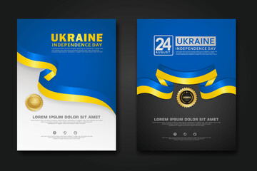 Set poster design Ukraine happy Independence Day background template with elegant ribbon-shaped flag, gold circle ribbon. vector illustration