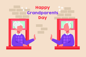 Grandparents is waving to each other in the window . Happy Grandparents day. Colored flat vector illustration isolated.