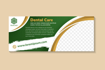 Dental care social media timeline cover and web banner template. Healthcare Social Media web Banner Template. green halftone pattern with curve shape use gold colors. space for photo and text. - obrazy, fototapety, plakaty