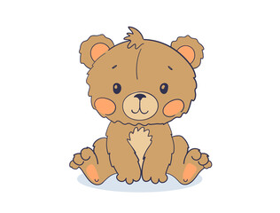 Cute sitting teddy bear, plush toy, forest wild animal. Flat cartoon vector character for kids. Illustration isolated on white background.