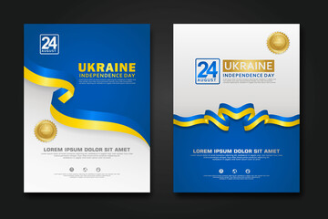 Set poster design Ukraine happy Independence Day background template with elegant ribbon-shaped flag, gold circle ribbon. vector illustration