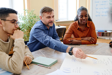 Mature teacher working with immigrant students pointing pencil on word written on poster and...