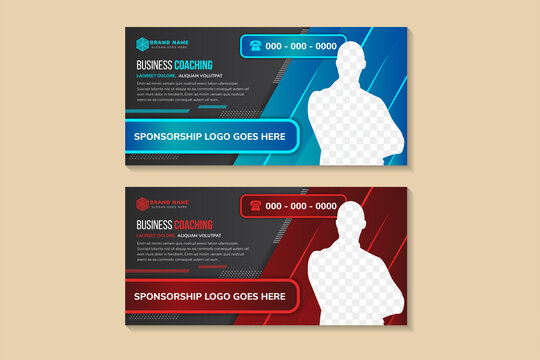 Business coaching live webinar banner invitation and social media post template. diagonal shapes element using red and blue gradient with black background. space for text and photo. 