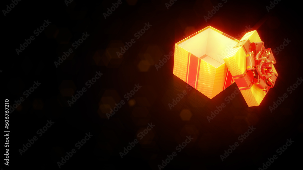Poster glowing opened gold and red gift box on dark backdrop - object 3d rendering