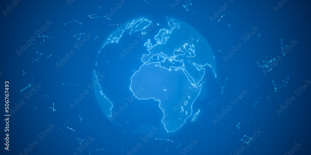Wall mural blue wireframe earth globe global network connection, world map design for digital internet communic