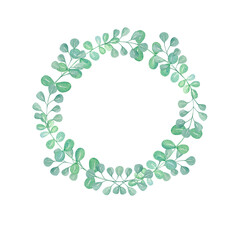 Watercolor eucalyptus wreath, frame, card hand drawn for decorating wedding cards, wallpaper, fabric printing, stationery