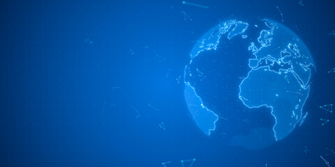 Fototapeta na wymiar Blue wireframe earth globe global network connection, world map design for digital internet communication business, 3D technology illustration
