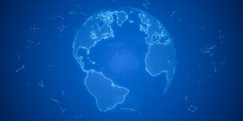 Blue wireframe earth globe global network connection, world map design for digital internet communication business, 3D technology illustration