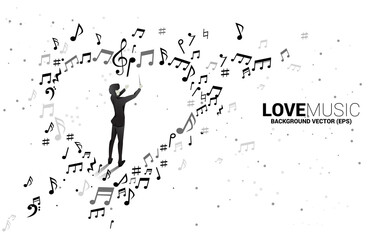 Fototapeta na wymiar Vector silhouette of conductor hand hold baton stick with heart music note flying . Concept background for love song and concert theme.